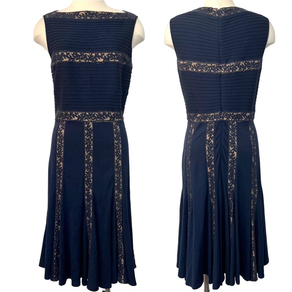 Tadashi Shoji Pintuck Lace and Jersey Dress in Navy Blue Nude M Illusion Paneled